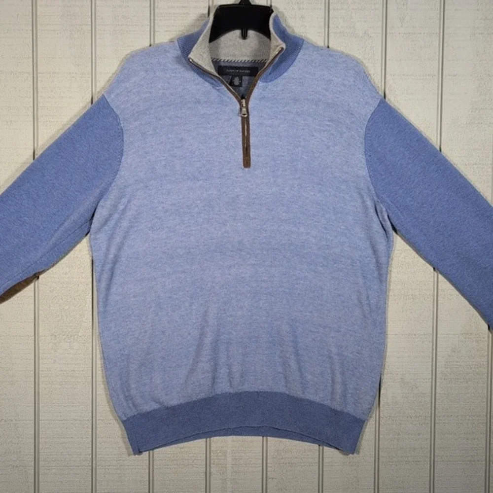 Tommy Hilfiger Pullover Men's Size Large Sweater Blue Long Sleeve w/ Suede Dress - Picture 2 of 9